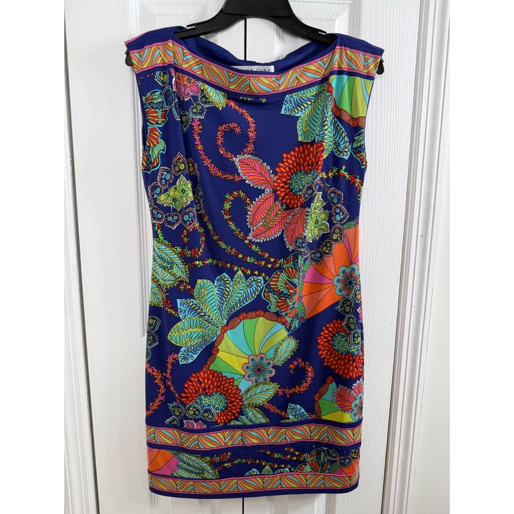 Trina Turk Floral Paisley Sheath‎ Dress 4 Blue Retro Mod Maximalist TD132503